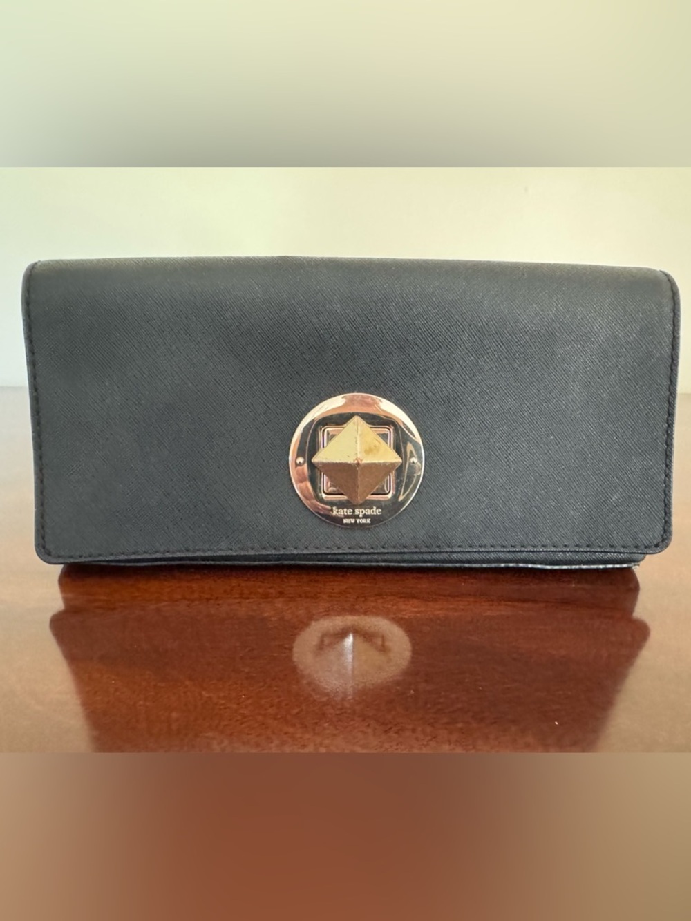 kate spade Black Saffiano Leather Clutch with Gold Pyramid Turn-Lock